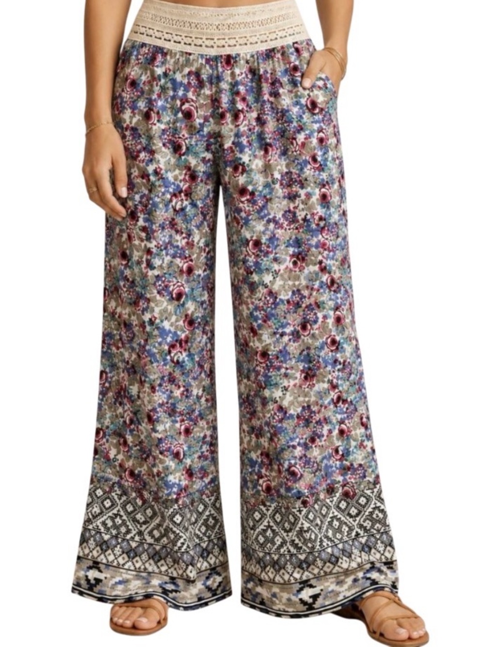 Hayden Multicolor Floral Wide-Leg Palazzo Pants with Crochet Waistband
